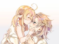 Rule 34 | 1boy, 1girl, ahoge, albedo (genshin impact), blonde hair, blue eyes, blush, braid, closed eyes, closed mouth, commentary, dress, eyelashes, fingernails, french braid, genshin impact, hair between eyes, hand on another&#039;s face, highres, kiss, kissing nose, klee (genshin impact), light brown hair, looking at another, low twintails, oriori 0201, pointy ears, shirt, sidelocks, simple background, smile, twintails, white dress, white shirt