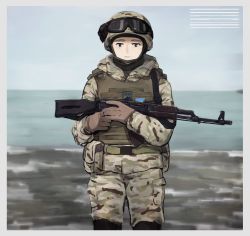 Rule 34 | ak-47, assault rifle, azov battalion, beach, black footwear, boots, border, brown eyes, brown gloves, closed mouth, cowboy shot, day, expressionless, facing viewer, gloves, goggles, goggles on head, gun, helmet, holding, holding weapon, kalashnikov rifle, kikurina, knee boots, looking at viewer, military, military uniform, ocean, original, rifle, russo-ukrainian war, sky, solo, standing, translated, ukraine, ukrainian flag, ukrainian text, uniform, weapon, white border