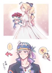Rule 34 | ..., 1boy, 1girl, ?, amano yoshitaka design, bandana, blonde hair, blue eyes, blush, bouquet, breasts, brown eyes, cape, celes chere, dress, earrings, final fantasy, final fantasy vi, flower, grey hair, hair ribbon, high collar, highres, holding, holding bouquet, jewelry, locke cole, long dress, long hair, long sleeves, medium breasts, multicolored clothes, multicolored headwear, necklace, official alternate costume, open collar, pan ff6, parted bangs, ponytail, puffy sleeves, ribbon, sweatdrop, upper body, wavy hair, white cape, white dress