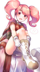 Rule 34 | !, !!, 1girl, armor, boots, breastplate, cape, dress, dressing, fire emblem, fire emblem echoes: shadows of valentia, highres, long hair, mae (fire emblem), nintendo, open mouth, pink hair, red eyes, simple background, solo, surprised, tarayuki, teeth, twintails, white background, white footwear