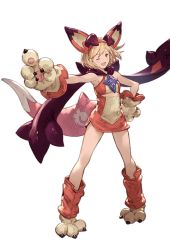 Rule 34 | 1girl, alpha transparency, blonde hair, boots, brown eyes, cosplay, djeeta (granblue fantasy), dress, full body, gloves, granblue fantasy, hair ornament, hand on own hip, looking at viewer, minaba hideo, official art, one eye closed, open mouth, short dress, short hair, smile, solo, standing, transparent background, vyrn (granblue fantasy), vyrn (granblue fantasy) (cosplay)