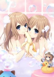 Rule 34 | &gt;:&lt;, 10s, 3girls, :&lt;, banana, banana peel, bare shoulders, bath, bath stool, bathing, bathtub, blanc (neptunia), blue eyes, blush, blush stickers, bottle, breasts, brooch, brown hair, bubble, bubble bath, character doll, chibi, closed mouth, collarbone, convenient censoring, dated, dogoo, eating, food, frilled hat, frills, from side, fruit, fur trim, hat, highres, holding, holding food, holding fruit, indoors, jewelry, jitome, light smile, long hair, long sleeves, looking at viewer, mouth hold, multiple girls, neck ribbon, neptune (series), official art, parted bangs, partially submerged, raised eyebrows, ram (neptunia), ribbon, riding, rom (neptunia), rubber duck, same-sex bathing, sexually suggestive, shared bathing, shared food, short hair, siblings, sisters, sleeve cuffs, sleeves past wrists, small breasts, smile, soap bottle, soap bubbles, soap censor, stool, tile wall, tiles, toy, triangle mouth, tsunako, twins, upper body, v-shaped eyebrows, wet