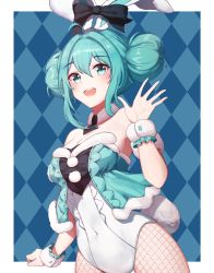 Rule 34 | 1girl, animal ears, aqua eyes, aqua hair, bare shoulders, bicute bunnies miku, blush, bow, breasts, cleavage, covered navel, detached collar, double bun, ear bow, fake animal ears, fishnet pantyhose, fishnets, gya (144), hair between eyes, hair bun, hand up, hatsune miku, heart, highres, leotard, long hair, looking at viewer, medium breasts, outside border, pantyhose, playboy bunny, rabbit ears, rabbit tail, sidelocks, smile, solo, strapless, strapless leotard, tail, vocaloid, white pantyhose, wrist cuffs