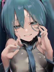 Rule 34 | 1girl, aqua eyes, aqua hair, aqua nails, bad id, bad pixiv id, bare shoulders, black sleeves, blue necktie, breasts, detached sleeves, fingers to cheeks, furrowed brow, grey shirt, hair between eyes, hair ornament, half-closed eyes, hatsune miku, highres, lips, long hair, looking at viewer, nail polish, necktie, parted lips, rsk (tbhono), shiny clothes, shirt, sleeveless, sleeveless shirt, small breasts, smile, solo, teeth, twintails, upper body, very long hair, vocaloid