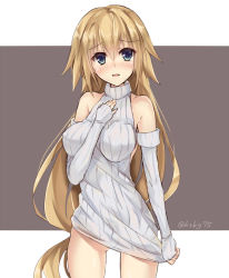 Rule 34 | 1girl, backless dress, backless outfit, bare shoulders, blush, breasts, brown background, cowboy shot, detached sleeves, dress, fate/apocrypha, fate (series), gluteal fold, hair between eyes, hair down, halterneck, hand on own chest, jeanne d&#039;arc (fate), jeanne d&#039;arc (ruler) (fate), kurokage, large breasts, long hair, looking at viewer, low-tied long hair, meme attire, naked sweater, parted lips, ribbed sweater, simple background, smile, solo, sweater, sweater dress, turtleneck, turtleneck sweater, twitter username, two-tone background, very long hair, virgin killer sweater, white background