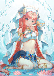 Rule 34 | 1girl, aqua eyes, arm up, blue nails, blush, breasts, circlet, closed mouth, commentary, crop top, detached sleeves, flower, genshin impact, gladiator sandals, gold footwear, gold trim, harushio, highres, jewelry, long hair, long sleeves, looking at viewer, lotus, medium breasts, nail polish, navel, neck ring, nilou (genshin impact), parted bangs, puffy long sleeves, puffy sleeves, red hair, sandals, shallow water, sitting, sitting on water, skirt, smile, solo, stomach, thighs, twintails, twitter username, vambraces, veil, very long hair, vision (genshin impact), water, wet, white headwear, yokozuwari
