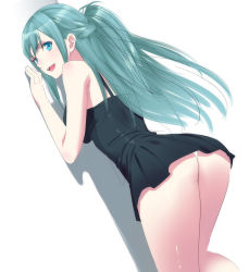 Rule 34 | 1girl, ass, bent over, blue eyes, blue hair, blush, breasts, dress, female focus, hamayama, long hair, looking back, matching hair/eyes, open mouth, original, panties, smile, solo, underwear, white background