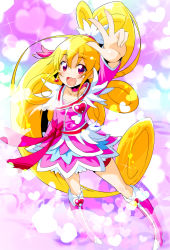 Rule 34 | 1girl, :d, aida mana, arm up, blonde hair, boots, bow, brooch, choker, cure heart, curly hair, dokidoki! precure, earrings, full body, half updo, heart, heart background, heart brooch, highres, jewelry, long hair, magical girl, open mouth, pink bow, pink eyes, ponytail, precure, ribbon, skirt, smile, solo, sw (taco), v