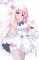 Rule 34 | 1girl, arm behind head, arm up, armpits, bare arms, bare shoulders, blue archive, breasts, cowboy shot, dress, feathered wings, frilled dress, frills, hair bun, hair ornament, halo, hand up, highres, hiyada yuu, large breasts, long hair, looking at viewer, mika (blue archive), pantyhose, parted lips, scrunchie, single side bun, solo, thighband pantyhose, white dress, white pantyhose, wings, wrist scrunchie