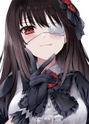 Rule 34 | 1girl, asle, black dress, black gloves, black hair, blouse, breasts, buttons, date a live, dress, eyepatch, gloves, gothic lolita, hair ornament, highres, large breasts, licking lips, lolita fashion, long hair, looking at viewer, medical eyepatch, red eyes, shirt, sleeveless, sleeveless shirt, smile, solo, straight hair, tokisaki kurumi, tongue, tongue out, upper body, white background, white shirt