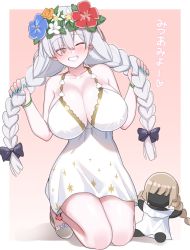 Rule 34 | 1girl, akitokage, alternate breast size, anastasia (fate), anastasia (swimsuit archer) (fate), anastasia (swimsuit archer) (second ascension) (fate), blue nails, braid, breasts, cleavage, closed eyes, doll, dress, fate/grand order, fate (series), grin, head wreath, highres, holding, holding own hair, huge breasts, kneeling, long hair, nail polish, silver hair, smile, sundress, twin braids, viy (fate)