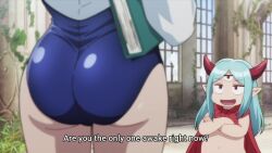 Rule 34 | 2girls, animated, anime screenshot, ass, ass focus, blue hair, blue one-piece swimsuit, cape, crossed arms, demon girl, demon horns, extra eyes, from behind, highres, horns, huge ass, long hair, lv1 maou to one room yuusha, maou (lv1 maou to one room yuusha), multiple girls, navel, one-piece swimsuit, pointy ears, red cape, red eyes, screencap, shirt, shirt under swimsuit, sidelocks, smile, sound, stomach, swimsuit, thighs, video, white shirt, zenia (lv1 maou to one room yuusha)