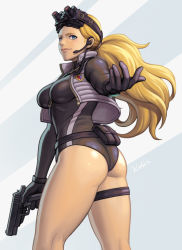 Rule 34 | 1girl, alternate costume, ass, beckoning, belt pouch, black gloves, blonde hair, blue eyes, breasts, character name, curvy, female focus, gloves, goggles, goggles on head, grey background, gun, handgun, headset, hip focus, holding, holding weapon, holster, kolin, leotard, lips, long hair, looking at viewer, low ponytail, medium breasts, night vision, noppo (tarstation), nose, pistol, ponytail, pouch, reaching, reaching towards viewer, skin tight, small breasts, solo, standing, street fighter, street fighter v, thick thighs, thigh holster, thighs, trigger discipline, unitard, vest, weapon, wide hips