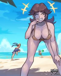 Rule 34 | 1girl, 2boys, artist name, beach, bent over, bikini, blue sky, breasts, brown hair, bucket, bucket on head, cleavage, earrings, fire emblem, fire emblem: the blazing blade, flower earrings, grin, highres, image sample, jewelry, large breasts, laughing, legs, legs apart, link, looking at viewer, mario (series), md5 mismatch, multiple boys, navel, nintendo, object on head, orlek, princess daisy, resolution mismatch, roy (fire emblem), running, shiny skin, sky, smile, source larger, super mario land, super smash bros., swimsuit, the legend of zelda, the legend of zelda: breath of the wild, tomboy, twitter sample, view between legs