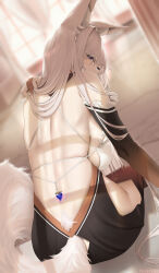 Rule 34 | 1girl, absurdres, animal ear fluff, animal ears, bare shoulders, black dress, blue eyes, breasts, commentary request, dress, fouriasensei, fox ears, fox girl, fox tail, from behind, hair ornament, highres, hip vent, large breasts, long hair, looking at viewer, looking back, original, sitting, solo, tail, very long hair, white hair
