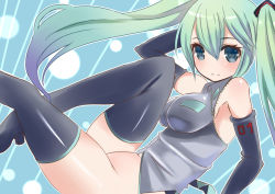 Rule 34 | 1girl, bad id, bad pixiv id, boots, bottomless, clothes writing, elbow gloves, gloves, green eyes, green hair, hatsune miku, impossible clothes, impossible shirt, long hair, matching hair/eyes, mikan no shiru, shirt, sitting, solo, thigh boots, thighhighs, twintails, very long hair, vocaloid