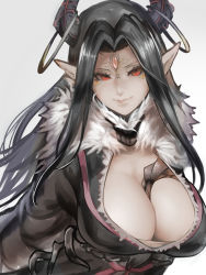 Rule 34 | 1girl, between breasts, black hair, breasts, cleavage, closed mouth, eyelashes, facing viewer, forehead jewel, fur trim, grey background, highres, horn ornament, horn ring, horns, jewelry, kumiko shiba, large breasts, long hair, looking at viewer, pointy ears, red eyes, simple background, sketch, smile, solo, thunderbolt fantasy, upper body, xing hai
