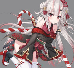 Rule 34 | 1girl, absurdres, bare shoulders, bell, black kimono, blush, closed mouth, double bun, embarrassed, floral print, flower, frilled sleeves, frills, gold trim, gradient hair, grey background, hair bell, hair between eyes, hair bun, hair ornament, highres, hololive, horns, japanese clothes, jingle bell, jumping, katana, kimono, kouhaku nawa, long hair, long sleeves, looking at viewer, mask, mask on head, multicolored hair, nakiri ayame, nakiri ayame (1st costume), obi, off shoulder, okobo, oni, oni mask, red eyes, red footwear, red hair, rope, rum (hairu 011), sandals, sash, sheath, sheathed, shimenawa, short kimono, silver hair, simple background, skin-covered horns, solo, spider lily, streaked hair, sword, tabi, tassel, thighhighs, two side up, virtual youtuber, weapon, white thighhighs, wide sleeves