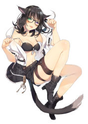 Rule 34 | 1girl, animal ears, bikini, bikini top only, black-framed eyewear, black bikini, black footwear, black hair, black shorts, boots, breasts, cat ears, cat tail, cleavage, collarbone, final fantasy, final fantasy xiv, full body, glasses, green eyes, heterochromia, high heel boots, high heels, highres, jacket, long hair, looking at viewer, medium breasts, miqo&#039;te, off shoulder, open clothes, open jacket, purple eyes, short shorts, shorts, simple background, slit pupils, solo, swimsuit, tail, tongue, tongue out, white background, yana mori