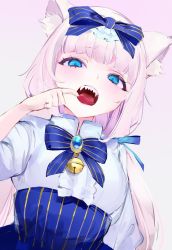 Rule 34 | 1girl, animal ears, blue bow, blue bowtie, blue eyes, blue skirt, bow, bowtie, brooch, cat ears, commentary, commission, english commentary, finger in own mouth, hair bow, high-waist skirt, jewelry, long hair, looking at viewer, low twintails, mile (off8mile), nekopara, open mouth, pink hair, sharp teeth, shirt, skeb commission, skirt, solo, teeth, twintails, upper teeth only, vanilla (nekopara), white shirt