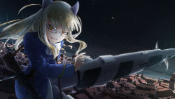 Rule 34 | absurdres, animal ears, ascot, black legwear, black sky, blonde hair, blue jacket, blunt bangs, bren lmg, carrying, cat ears, commentary, drawing sword, eyelashes, fighting stance, flying, frown, glaring, gun, half-closed eyes, highres, holding, holding sword, holding weapon, jacket, kaya (nari1-24), light machine gun, light particles, long hair, long sleeves, machine gun, night, night sky, open mouth, panties, panties under pantyhose, pantyhose, perrine h. clostermann, rapier, ready to draw, sky, snow, squad automatic weapon, star (sky), starry sky, strike witches, striker unit, sword, underwear, weapon, white ascot, world witches series, yellow eyes