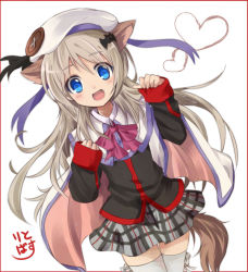 Rule 34 | 1girl, animal ears, bad id, bad pixiv id, blue eyes, blush, bow, capelet, dog ears, dog tail, enoki nai, hat, heart, little busters!, long hair, long sleeves, noumi kudryavka, open mouth, school uniform, silver hair, solo, tail, thighhighs, very long hair, white hat, white thighhighs