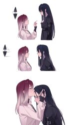Rule 34 | 2girls, black choker, black coat, black hair, black ribbon, blush, chinese commentary, choker, closed eyes, closed mouth, coat, commentary request, earrings, from side, gradient hair, grey eyes, heart, height difference, highres, jewelry, kiss, kissing forehead, long hair, long sleeves, miix777, multicolored hair, multiple girls, parted lips, path to nowhere, profile, rahu (path to nowhere), red hair, ribbon, scar, scar across eye, shalom (path to nowhere), simple background, smile, white background, white hair, wrist wrap, yuri