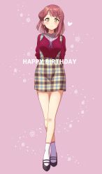 1girl arms_behind_back black_footwear blunt_bangs blush braid braided_bun closed_mouth collared_shirt cross-laced_clothes crossed_ankles earrings hair_bun hair_ornament hairclip half_updo happy_birthday highres jewelry looking_at_viewer love_live! love_live!_nijigasaki_high_school_idol_club mary_janes medium_hair pencil_skirt pink_hair pleated_skirt qy73 red_sweater shirt shoes side_bun single_side_bun skirt socks solo suspender_skirt suspenders sweater swept_bangs uehara_ayumu white_socks yellow_eyes