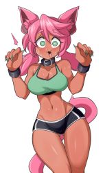 Rule 34 | 1girl, :3, animal ears, breasts, cat ears, cat girl, cat tail, colored skin, curvy, dark-skinned female, dark skin, fingernails, furry, furry female, green eyes, gym uniform, highres, large breasts, looking at viewer, low twintails, lucyfer, navel, nikki (kevin ku), open mouth, original, shiny skin, short hair, simple background, solo, standing, surprised, sweat, sweatdrop, tail, twintails, underwear, upper body, wide hips