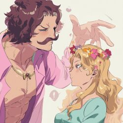 Rule 34 | !, 1boy, 1girl, black hair, blonde hair, blue dress, commentary request, dress, facial hair, flower, freckles, gol d. roger, heart, highres, jewelry, long hair, looking at another, mustache, necklace, one piece, open clothes, open shirt, ovasayuri, portgas d. rouge, profile, purple shirt, shirt, short hair, simple background