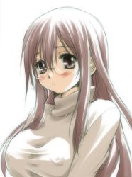 Rule 34 | 1girl, blush, breasts, brown eyes, brown hair, covered erect nipples, glasses, long hair, mitarashi kousei, simple background, solo, upper body, white background