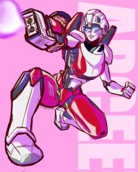 Rule 34 | 1girl, arcee, blue eyes, breasts, dumbdelvon, helmet, highres, humanoid robot, lips, medium breasts, panties, pink background, plasma, plasma pistol, red panties, robot, robot girl, science fiction, solo, transformers, transformers: rise of the beasts, transformers (live action), underwear