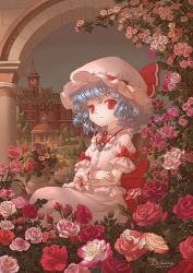 Rule 34 | 2016, 4girls, artist name, blouse, blue eyes, closed mouth, commentary request, crossed arms, curly hair, dahuang, dated, eyebrows, flandre scarlet, flower, gazebo, hat, hat ribbon, highres, hong meiling, izayoi sakuya, looking at viewer, mob cap, multiple girls, pink flower, pink rose, pink shirt, pink skirt, puffy short sleeves, puffy sleeves, red eyes, red flower, red ribbon, red rose, remilia scarlet, ribbon, rose, scarlet devil mansion, shirt, short sleeves, signature, sitting, skirt, skirt set, slit pupils, touhou, vase, wrist cuffs