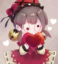 Rule 34 | 1girl, bell, black bow, blush, bow, brown hair, capelet, dress, frilled sleeves, frills, grey background, hair bell, hair ornament, hat, hat bow, heart, holding, holding heart, jingle bell, laetitia (project moon), lazy eye, lobotomy corporation, long sleeves, low twintails, mikoto0x0, open mouth, pink bow, pink capelet, pink dress, pink eyes, pink hat, project moon, puffy long sleeves, puffy sleeves, shirt, simple background, solo, twintails, white shirt