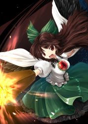 Rule 34 | 1girl, absurdres, arm cannon, bad id, bad pixiv id, bow, breasts, brown hair, female focus, hair bow, highres, long hair, narumizg, red eyes, reiuji utsuho, solo, third eye, touhou, weapon, wings
