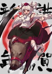 Rule 34 | 1girl, :d, absurdres, animal, armpits, bare shoulders, black skirt, blush, boar, breasts, commentary request, detached sleeves, full body, greyscale, hat, highres, holding, holding sword, holding weapon, inubashiri momiji, long hair, long sleeves, matinmorgen, medium breasts, monochrome, open mouth, pom pom (clothes), red eyes, red hat, ribbon-trimmed sleeves, ribbon trim, riding, shirt, short hair, signature, sitting, skirt, smile, solo, sword, thighhighs, tokin hat, touhou, translation request, very long hair, weapon, white shirt, white thighhighs