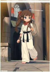 Rule 34 | 1girl, :o, absurdres, ahoge, bandaged hand, bandages, barefoot, belt, black belt, blue eyes, border, brown hair, chinese commentary, commentary request, dougi, english text, full body, high ponytail, highres, holding, holding sack, kuma-bound, long hair, martial arts belt, open mouth, original, outdoors, pants, red scarf, sack, scarf, solo, walking, white border, white pants