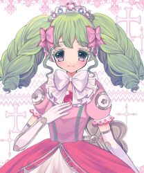 Rule 34 | 1girl, blush, bow, closed mouth, colored eyelashes, cowboy shot, dress, elbow gloves, falulu, gloves, green hair, grey eyes, hair bow, hand on own chest, hand up, headphones, highres, long hair, looking at viewer, pink bow, pink dress, pretty series, pripara, puffy short sleeves, puffy sleeves, short sleeves, sidelocks, smile, solo, tiara, twintails, white bow, white gloves, winding key, yuni (ramm sweet)