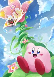 Rule 34 | blue sky, blush stickers, cloud, colored skin, day, disembodied hand, dreamstalk, extra arms, falling petals, fangs, flower, highres, horns, kirby, kirby: triple deluxe, kirby (series), leaf, mitama pk1027, nintendo, no humans, petals, pink skin, rayman limbs, scarf, sky, solid oval eyes, taranza, white hair