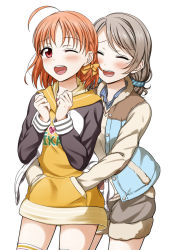 Rule 34 | 10s, 2girls, ;d, ^ ^, ahoge, bad id, bad pixiv id, blush, bow, braid, clenched hands, closed eyes, commentary request, cowboy shot, grey hair, hair bow, hands in pockets, jacket, long sleeves, love live!, love live! sunshine!!, low twintails, multiple girls, one eye closed, open mouth, orange hair, red eyes, sailor collar, scrunchie, shorts, side braid, simple background, smile, suzume miku, takami chika, twintails, watanabe you, white background, yellow bow