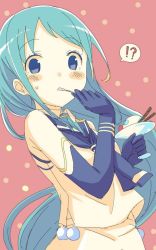Rule 34 | 10s, 1girl, aqua eyes, bare shoulders, blue hair, blush, eating, elbow gloves, food, fruit, gloves, ice cream, kantai collection, long hair, samidare (kancolle), smile, solo, strawberry, very long hair