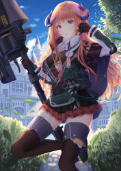 Rule 34 | 1girl, absurdres, arknights, bagpipe (arknights), black gloves, black thighhighs, blonde hair, blue eyes, blunt bangs, blurry, blurry foreground, building, bush, cape, cloud, cowboy shot, explosive, female focus, gloves, grenade, hands up, highres, holding, holding polearm, holding weapon, horns, id card, leaf, long hair, long sleeves, looking at viewer, messy hair, parted lips, plaid, plaid skirt, pleated skirt, polearm, sidelocks, skirt, sky, solo, standing, standing on one leg, tallon, thighhighs, thighs, weapon