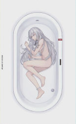 Rule 34 | 1girl, absurdres, ass, barcode, barcode tattoo, bare legs, bare shoulders, barefoot, bathtub, breasts, grey eyes, highres, huge filesize, long hair, lying, nude, on side, original, parted lips, silver hair, solo, sugai (4ugaii), tattoo