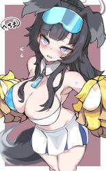 Rule 34 | 1girl, animal ears, black hair, blue archive, blush, border, breasts, cheerleader, cleavage, commentary request, detached collar, dog ears, dog girl, dog tail, eyewear on head, goggles, goggles on head, halo, hetima0112, hibiki (blue archive), hibiki (cheer squad) (blue archive), highres, holding, holding pom poms, large breasts, looking at viewer, millennium cheerleader outfit (blue archive), official alternate costume, open mouth, outside border, pleated skirt, pom pom (cheerleading), pom poms, ponytail, purple eyes, red background, safety glasses, skirt, solo, standing, star sticker, sticker on arm, sticker on face, tail, white border, white skirt