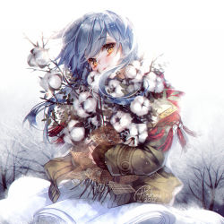 Rule 34 | blue hair, dress, hieihirai, holding, looking at viewer, original, scarf, short hair, smile, upper body, winter, winter clothes, yellow eyes