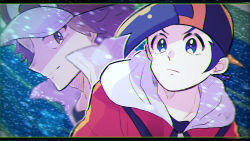Rule 34 | 2boys, backwards hat, baseball cap, black hair, brown hair, closed mouth, commentary request, creatures (company), ethan (pokemon), game freak, hail, hat, highres, jacket, kinu (kinuhoshizora21), lens flare, looking to the side, male focus, multiple boys, nintendo, pokemon, pokemon hgss, red (pokemon)