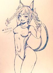 Rule 34 | 1girl, alternate costume, animal ears, arm up, bare legs, braid, breasts, cat ears, cat tail, commentary request, competition swimsuit, covered navel, cowboy shot, d-m (dii emu), dated, extra ears, eyelashes, greyscale, kaenbyou rin, long hair, looking at viewer, medium breasts, monochrome, multiple tails, nekomata, one-piece swimsuit, open mouth, signature, sketch, swimsuit, tail, touhou, traditional media, twin braids