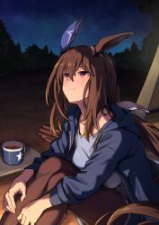 Rule 34 | 1girl, admire vega (umamusume), animal ears, blue jacket, blue shirt, brown hair, brown pantyhose, camping, closed mouth, commentary request, cup, hair between eyes, highres, hood, hood down, hooded jacket, horse ears, horse girl, jacket, knees up, long hair, long sleeves, looking up, low ponytail, night, night sky, open clothes, open jacket, outdoors, pantyhose, red eyes, shirt, sitting, sky, smile, solo, star (symbol), star print, starheart, umamusume