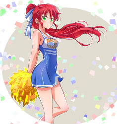 Rule 34 | 1girl, :o, arms behind back, bare arms, bare legs, bare shoulders, blue dress, blush, breasts, cheerleader, confetti, cropped legs, dress, floating hair, from side, green eyes, hair ribbon, highres, holding, iesupa, leg up, long hair, looking at viewer, looking to the side, parted lips, pom pom (cheerleading), ponytail, pyrrha nikos, red hair, ribbon, rwby, sleeveless, sleeveless dress, small breasts, solo, standing, standing on one leg, two-tone background, very long hair, white ribbon