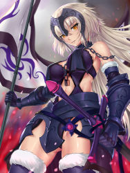 Rule 34 | 1girl, armor, armored dress, bare shoulders, boots, breasts, chain, chitu hefeng zhong, clothing cutout, collar, crotch plate, fate/grand order, fate (series), flag, from below, fur trim, gauntlets, headpiece, highres, holding, holding sword, holding weapon, jeanne d&#039;arc (fate), jeanne d&#039;arc alter (avenger) (fate), jeanne d&#039;arc alter (avenger) (third ascension) (fate), jeanne d&#039;arc alter (fate), large breasts, looking down, navel cutout, silver hair, sword, thigh boots, thighhighs, thighs, weapon, yellow eyes